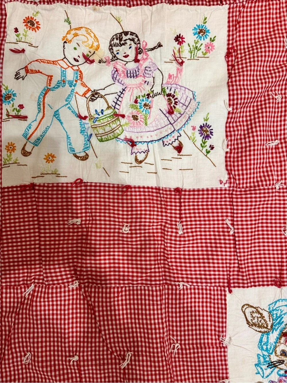 Vintage Handmade Red Patchwork Quilt with Whimsical Embroidered Panels